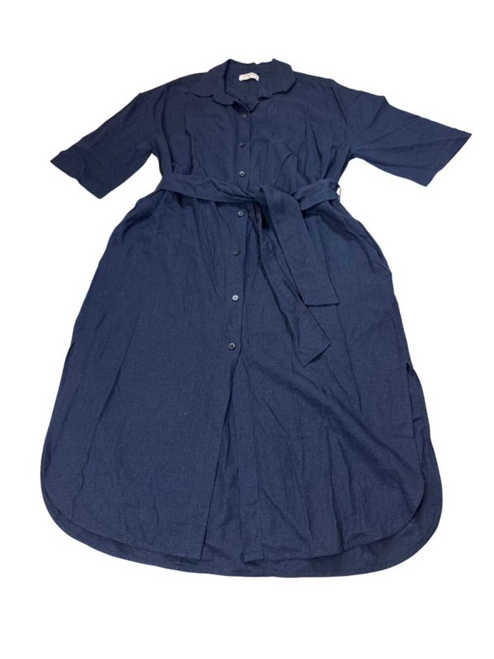 Babaton XS Navy Blue Linen-Blend Short-Sleeve Button-Down Shirt Dress (X922)